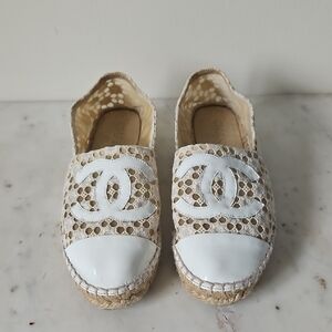 CHANEL Cream and White Lace Espadrilles